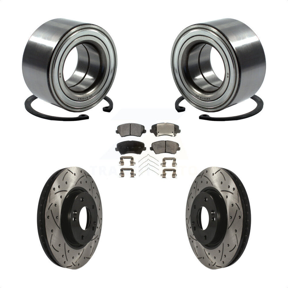 Front Wheel Bearing With Coated Drilled Slotted Disc Brake Rotors And Semi-Metallic Pads Kit For 2016 Hyundai Veloster Tech SE KBB-101029 by Transit Auto