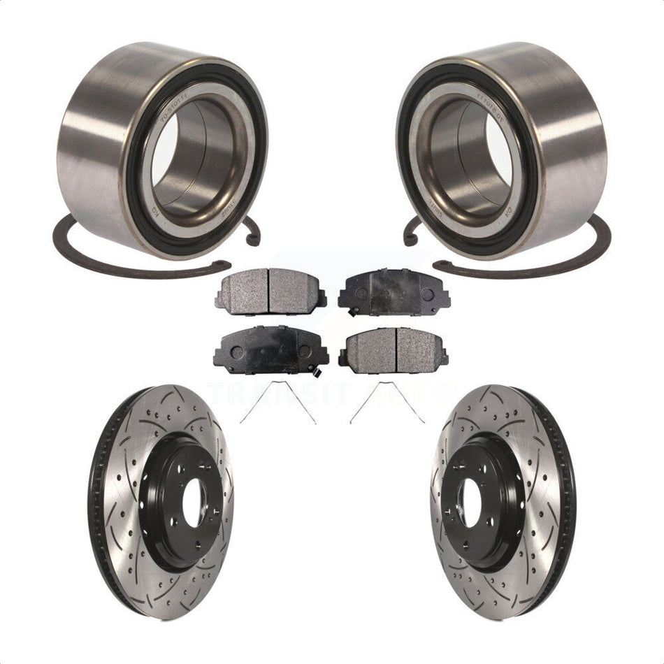 Front Wheel Bearing With Coated Drilled Slotted Disc Brake Rotors And Semi-Metallic Pads Kit For 2017-2018 Acura ILX KBB-101055 by Transit Auto