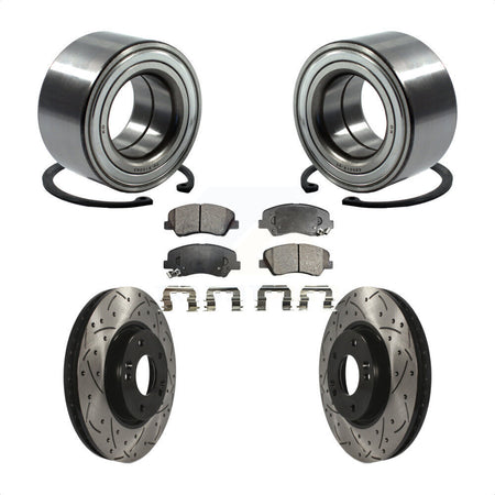 Front Wheel Bearing With Coated Drilled Slotted Disc Brake Rotors And Ceramic Pads Kit For 2015 Hyundai Veloster Tech RE FLEX SE KBB-101208 by Transit Auto