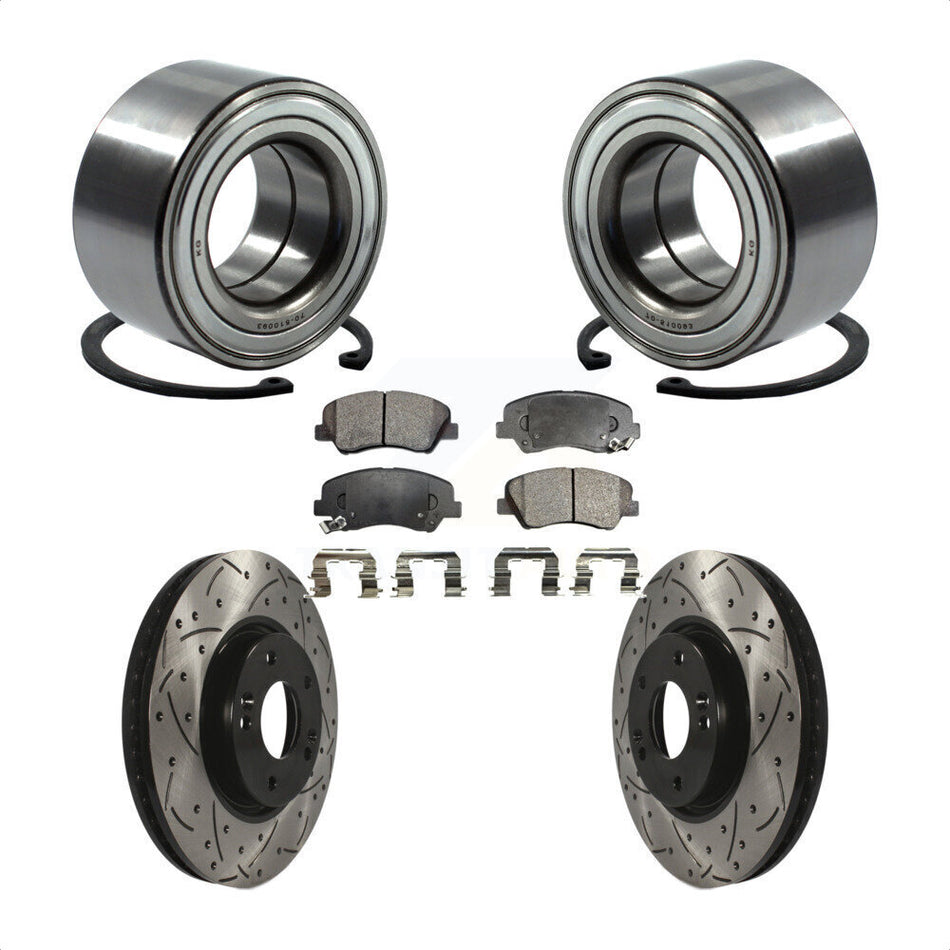 Front Wheel Bearing With Coated Drilled Slotted Disc Brake Rotors And Ceramic Pads Kit For 2015 Hyundai Veloster Tech RE FLEX SE KBB-101208 by Transit Auto