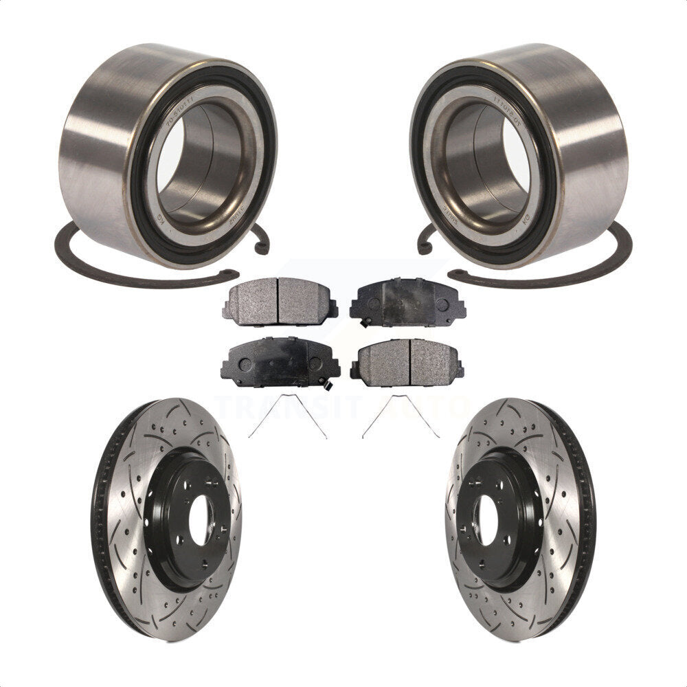 Front Wheel Bearing With Coated Drilled Slotted Disc Brake Rotors And Ceramic Pads Kit For 2017-2018 Acura ILX KBB-101237 by Transit Auto