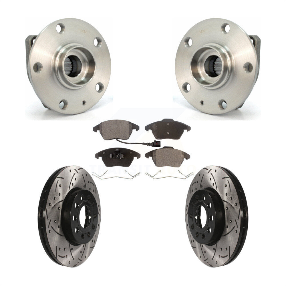 Front Hub Bearing Assembly With Coated Drilled Slotted Disc Brake Rotors And Semi-Metallic Pads Kit For 2006-2009 Volkswagen Rabbit 3 Bolt Mounting Flange KBB-102895 by Transit Auto