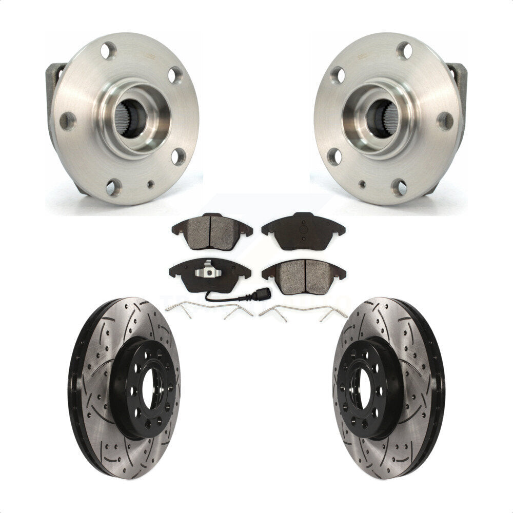 Front Hub Bearing Assembly With Coated Drilled Slotted Disc Brake Rotors And Semi-Metallic Pads Kit For 2006-2009 Volkswagen Rabbit 3 Bolt Mounting Flange KBB-103089 by Transit Auto