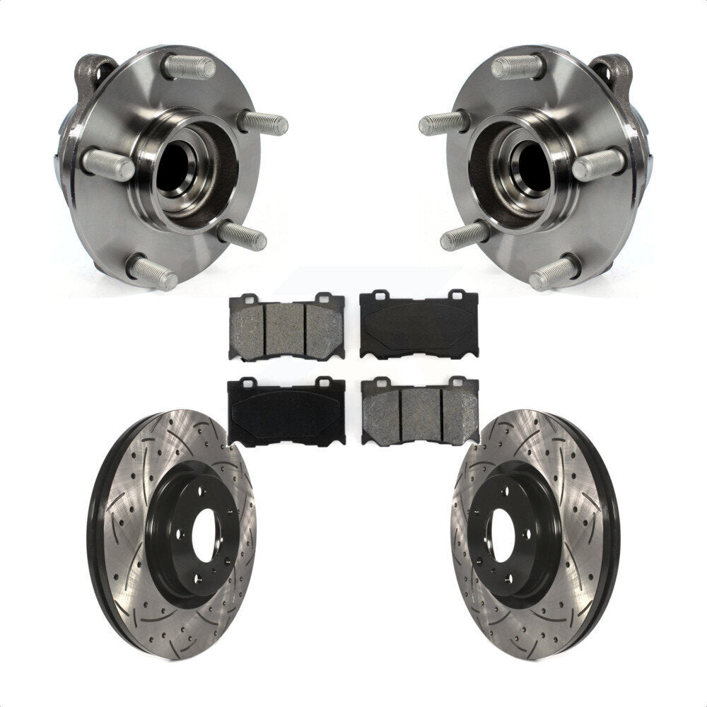 Front Hub Bearing Assembly With Coated Drilled Slotted Disc Brake Rotors And Semi-Metallic Pads Kit For 2017-2018 INFINITI Q70 Hybrid with RWD Sport Package KBB-103147 by Transit Auto