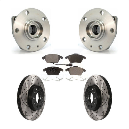 Front Hub Bearing Assembly With Coated Drilled Slotted Disc Brake Rotors And Ceramic Pads Kit For 2006-2009 Volkswagen Rabbit 3 Bolt Mounting Flange KBB-103288 by Transit Auto