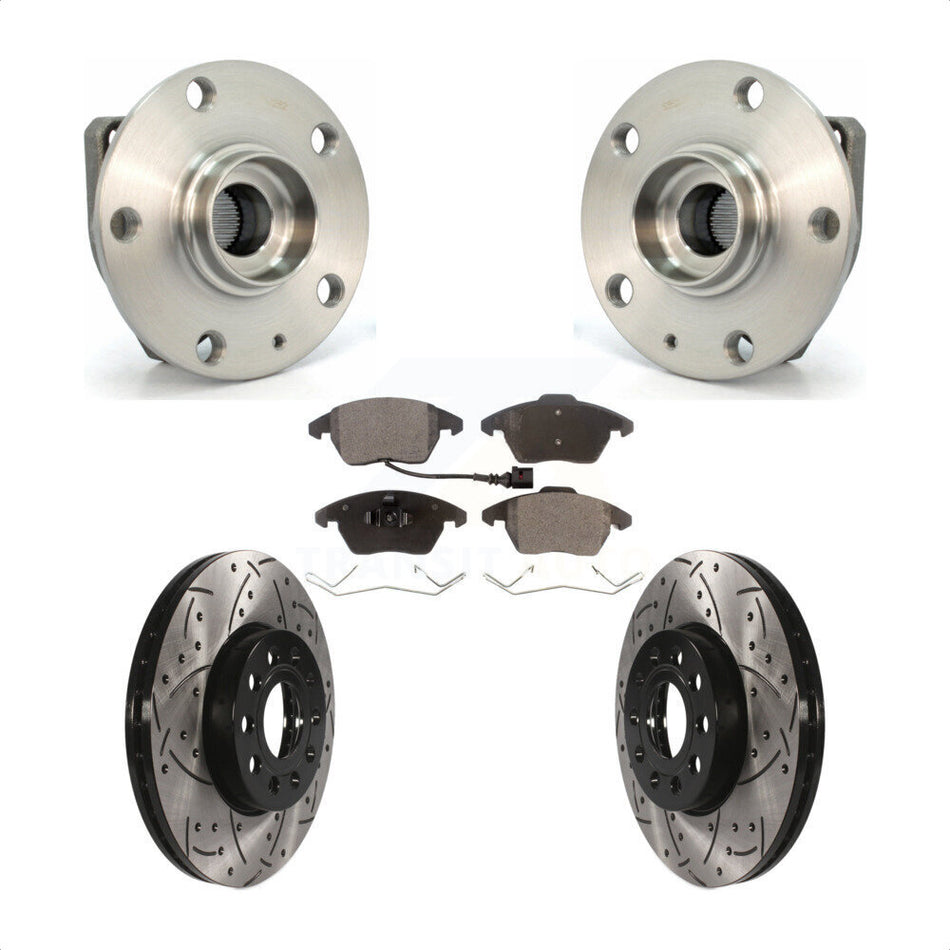 Front Hub Bearing Assembly With Coated Drilled Slotted Disc Brake Rotors And Ceramic Pads Kit For 2006-2009 Volkswagen Rabbit 3 Bolt Mounting Flange KBB-103288 by Transit Auto