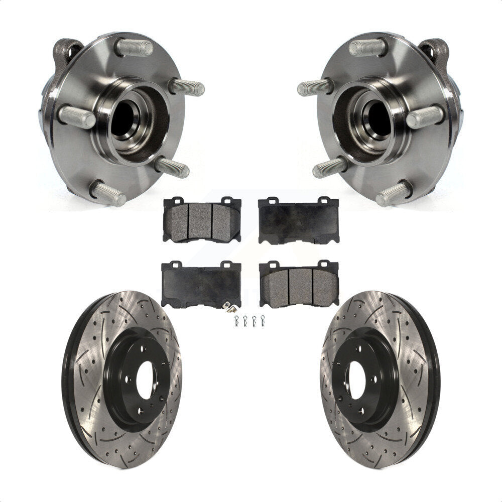 Front Hub Bearing Assembly With Coated Drilled Slotted Disc Brake Rotors And Ceramic Pads Kit For 2017-2018 INFINITI Q70 Hybrid with RWD Sport Package KBB-103350 by Transit Auto