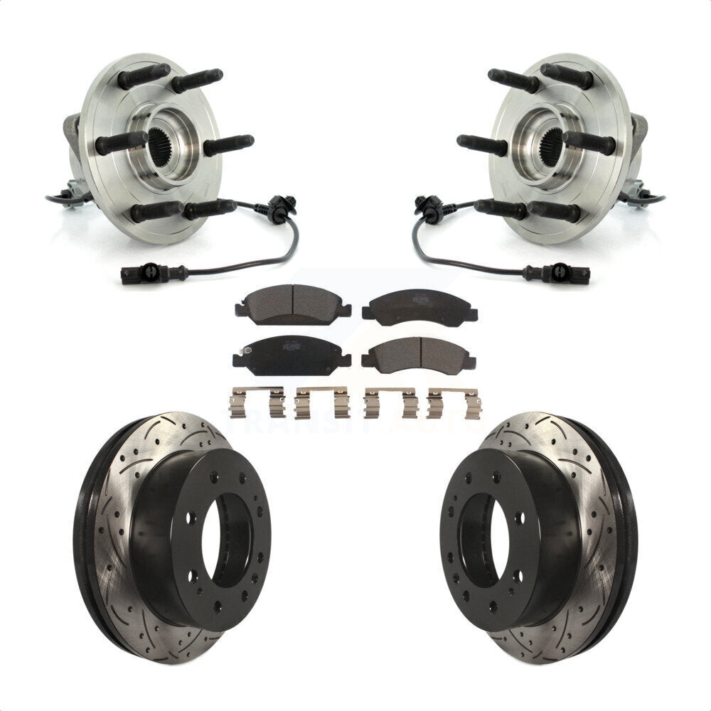Front Hub Bearing Assembly With Coated Drilled Slotted Disc Brake Rotors And Ceramic Pads Kit For 2011 Chevrolet Silverado 1500 Hybrid with 4WD KBB-103406 by Transit Auto