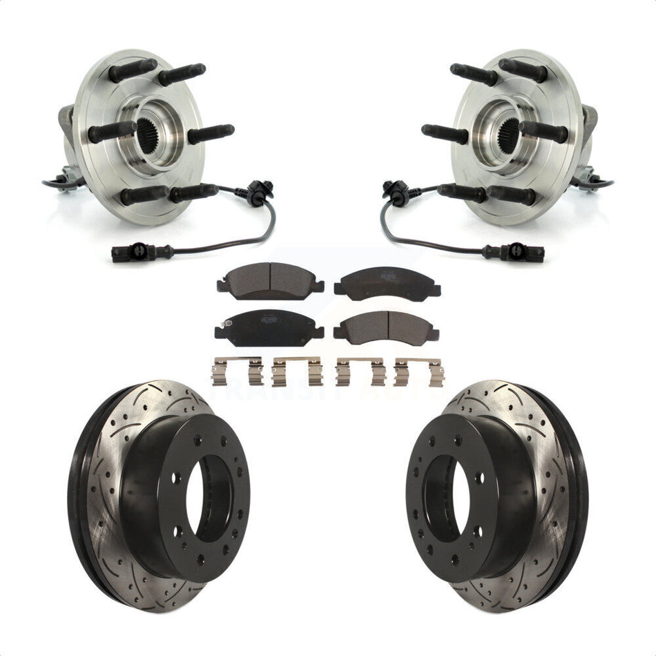 Front Hub Bearing Assembly With Coated Drilled Slotted Disc Brake Rotors And Ceramic Pads Kit For 2011 Chevrolet Silverado 1500 Hybrid with 4WD KBB-103406 by Transit Auto