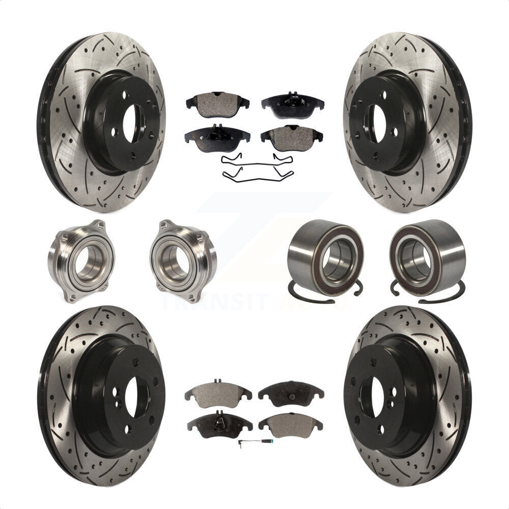 Front Rear Wheel Hub Bearings Assembly Coated Disc Brake Rotors And Semi-Metallic Pads Kit (10Pc) For 2014 Mercedes-Benz E350 Convertible Coupe With 322mm Diameter Rotor KBB-107364 by Transit Auto