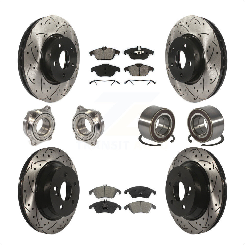 Front Rear Wheel Hub Bearings Assembly Coated Disc Brake Rotors And Semi-Metallic Pads Kit (10Pc) For 2014 Mercedes-Benz E350 Convertible Coupe With 322mm Diameter Rotor KBB-107463 by Transit Auto