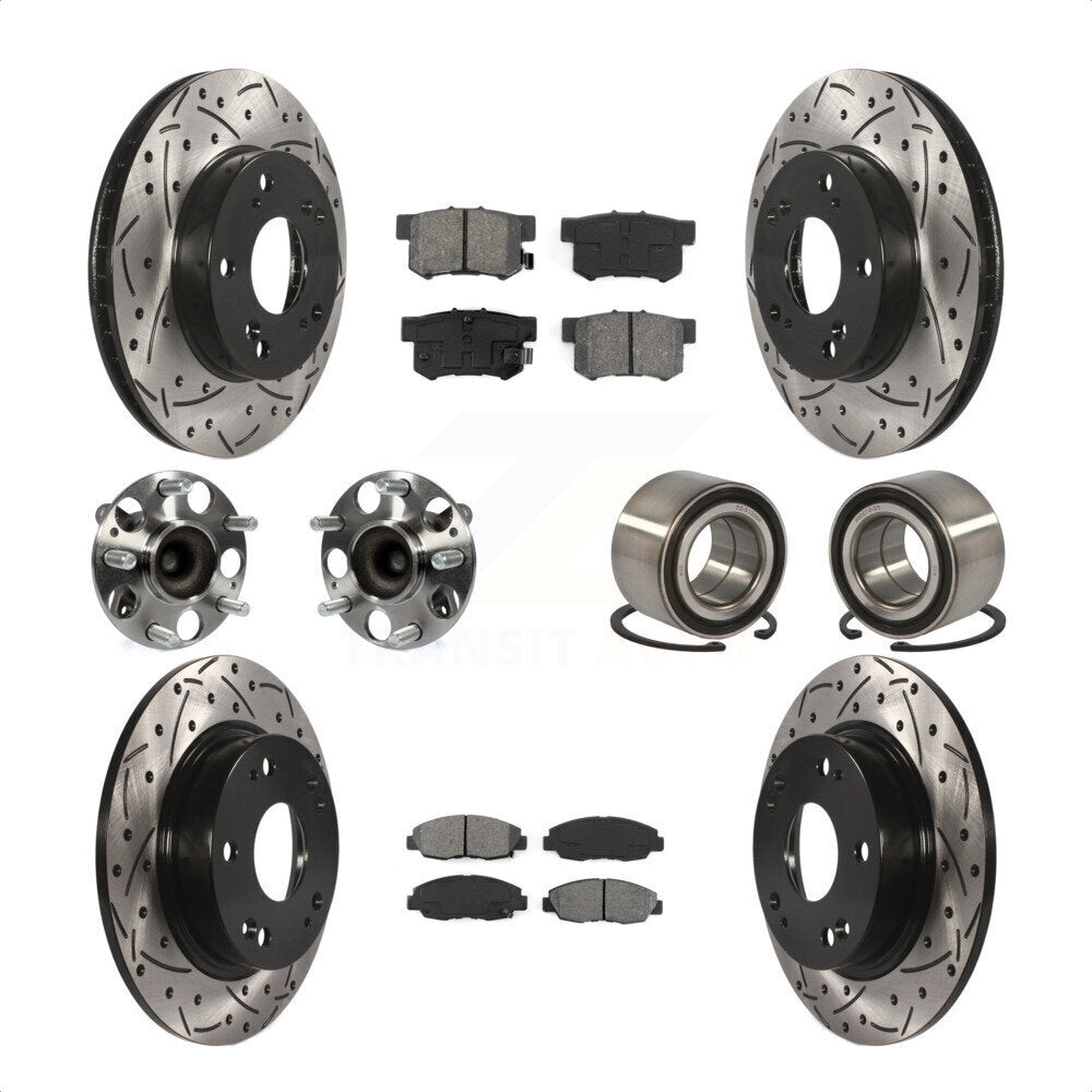 Front Rear Wheel Hub Bearings Assembly Coated Disc Brake Rotors And Semi-Metallic Pads Kit (10Pc) For 2012 Honda Civic LX Vehicles Manufactured In Canada KBB-107474 by Transit Auto