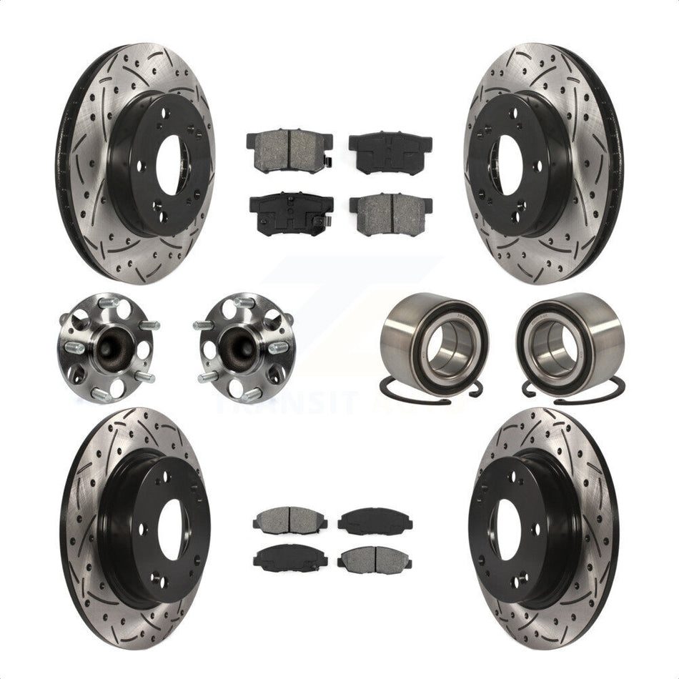 Front Rear Wheel Hub Bearings Assembly Coated Disc Brake Rotors And Semi-Metallic Pads Kit (10Pc) For 2012 Honda Civic LX Vehicles Manufactured In Canada KBB-107474 by Transit Auto