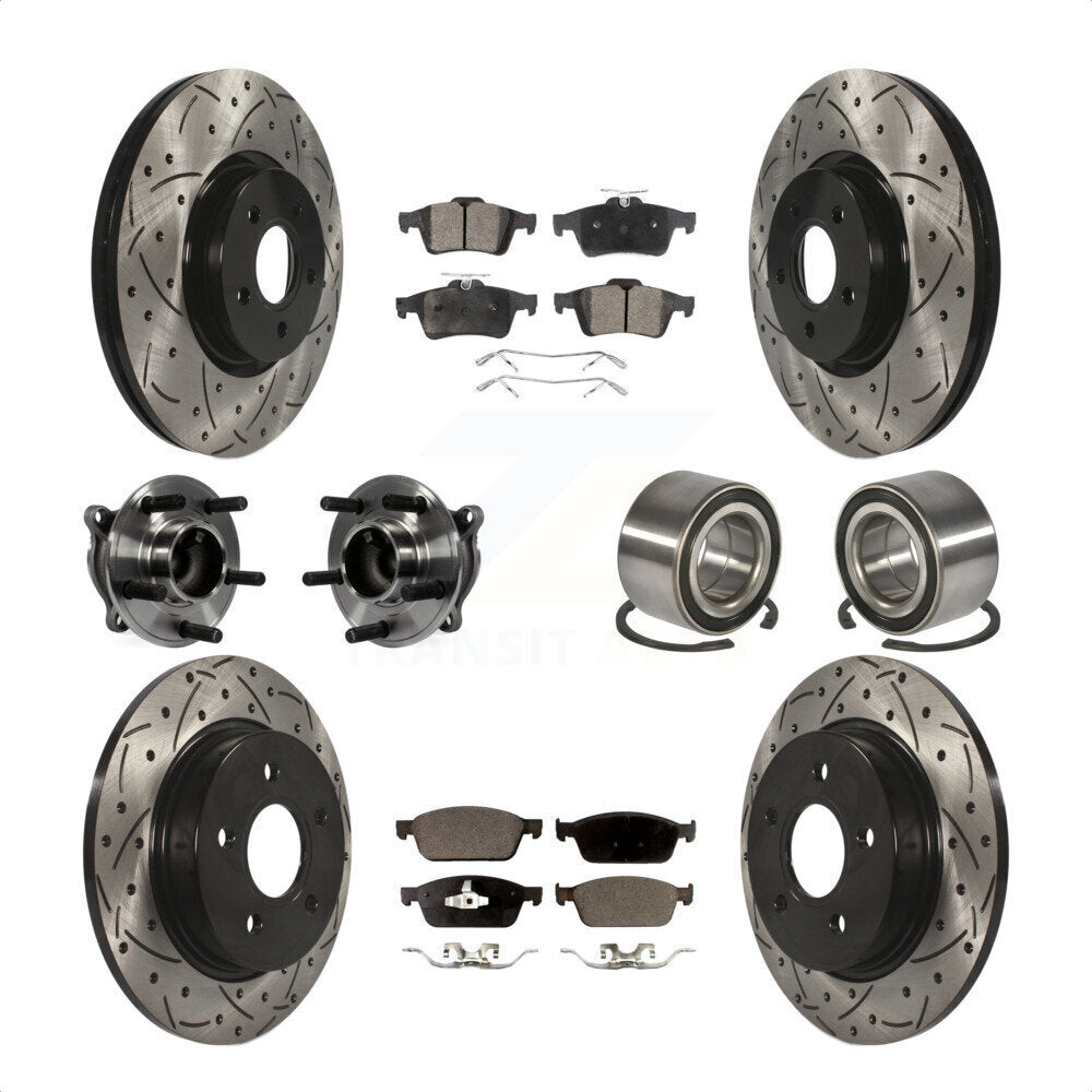 Front Rear Wheel Hub Bearings Assembly Coated Disc Brake Rotors And Ceramic Pads Kit (10Pc) For 2013 Ford Focus ST Without Active Park Assist KBB-107568 by Transit Auto