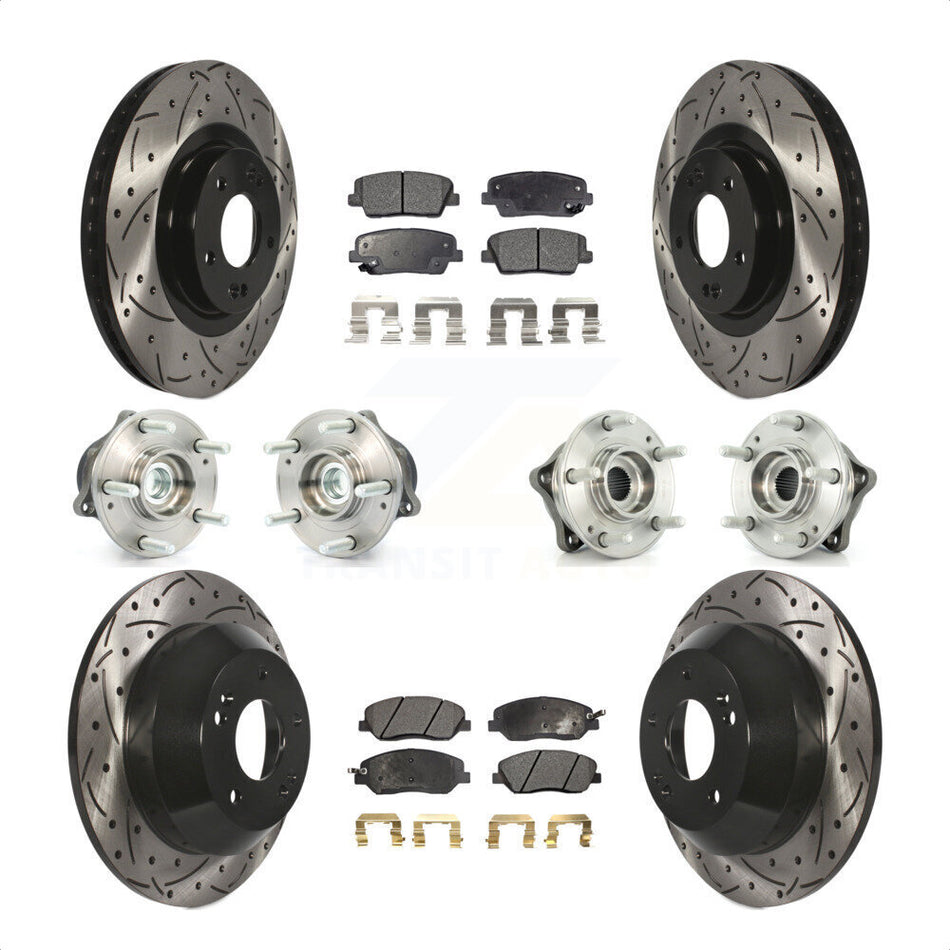 Front Rear Hub Bearings Assembly Coated Disc Brake Rotors And Semi-Metallic Pads Kit (10Pc) For 2013-2014 Hyundai Santa Fe FWD with 3.3L With ABS Brakes KBB-110766 by Transit Auto