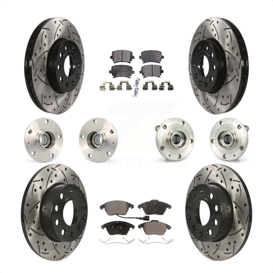 Front Rear Hub Bearings Assembly Coated Disc Brake Rotors And Semi-Metallic Pads Kit (10Pc) For 2006-2009 Volkswagen Rabbit 4 Bolt Mounting Flange KBB-110778 by Transit Auto