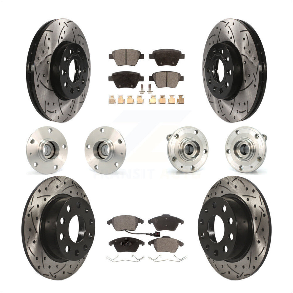 Front Rear Hub Bearings Assembly Coated Disc Brake Rotors And Semi-Metallic Pads Kit (10Pc) For 2013 Volkswagen Beetle 2.5L With 253mm Diameter Rotor KBB-110780 by Transit Auto