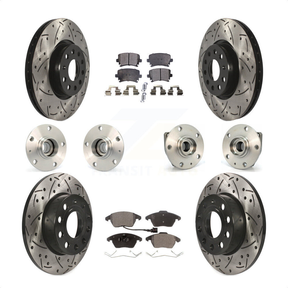 Front Rear Hub Bearings Assembly Coated Disc Brake Rotors And Semi-Metallic Pads Kit (10Pc) For 2008 Audi A3 FWD From Chassis VIN #8P8057779 KBB-110782 by Transit Auto