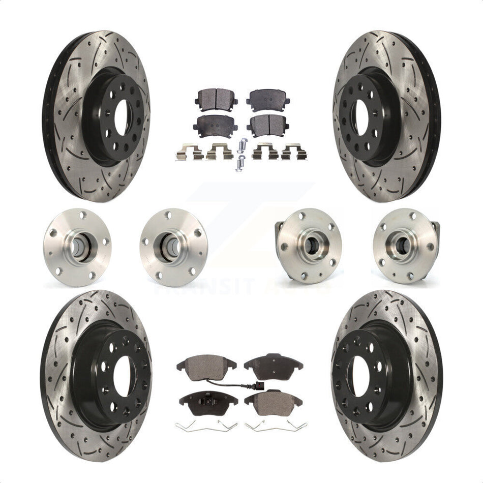 Front Rear Hub Bearings Assembly Coated Disc Brake Rotors And Semi-Metallic Pads Kit (10Pc) For 2009 Volkswagen GTI With 282mm Diameter Rotor KBB-110783 by Transit Auto