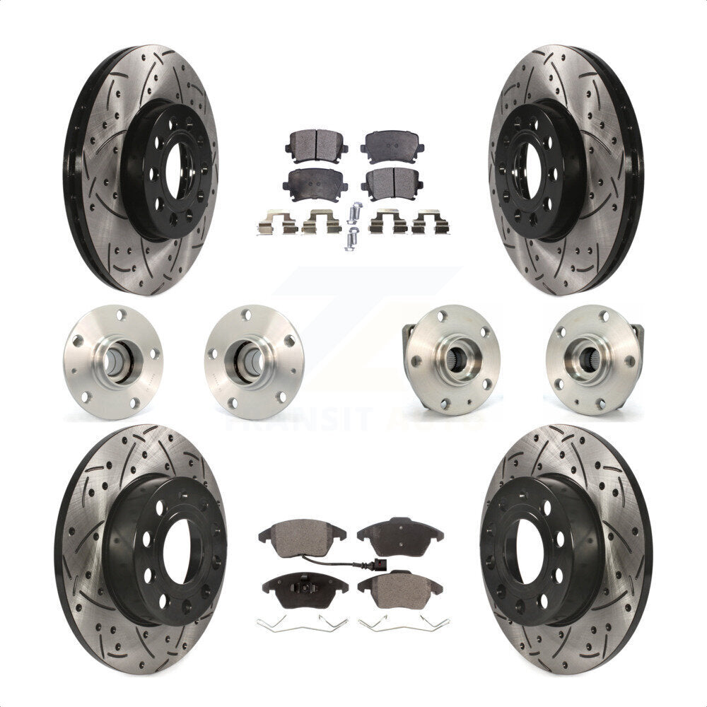 Front Rear Hub Bearings Assembly Coated Disc Brake Rotors And Semi-Metallic Pads Kit (10Pc) For 2006-2009 Volkswagen Rabbit 3 Bolt Mounting Flange KBB-110785 by Transit Auto