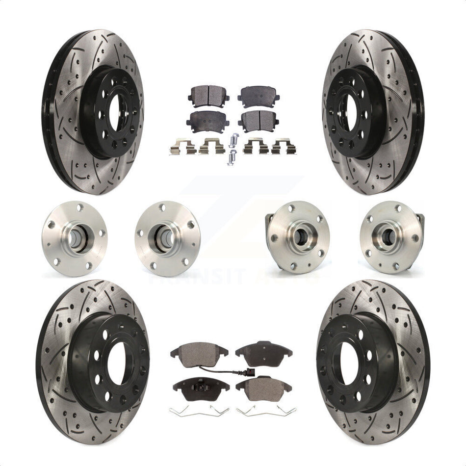 Front Rear Hub Bearings Assembly Coated Disc Brake Rotors And Semi-Metallic Pads Kit (10Pc) For 2006-2009 Volkswagen Rabbit 3 Bolt Mounting Flange KBB-110785 by Transit Auto
