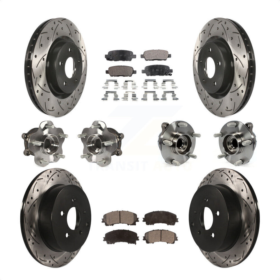 Front Rear Hub Bearings Assembly Coated Disc Brake Rotors And Semi-Metallic Pads Kit (10Pc) For INFINITI Q50 Base Premium with RWD KBB-110813 by Transit Auto