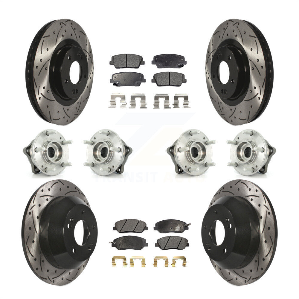 Front Rear Hub Bearings Assembly Coated Disc Brake Rotors And Semi-Metallic Pads Kit (10Pc) For 2013-2014 Hyundai Santa Fe AWD with 3.3L With ABS Brakes KBB-110892 by Transit Auto