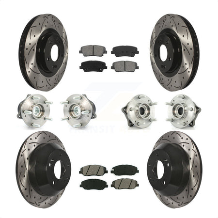 Front Rear Hub Bearings Assembly Coated Disc Brake Rotors And Semi-Metallic Pads Kit (10Pc) For 2013-2014 Hyundai Santa Fe FWD with 3.3L With ABS Brakes KBB-110986 by Transit Auto