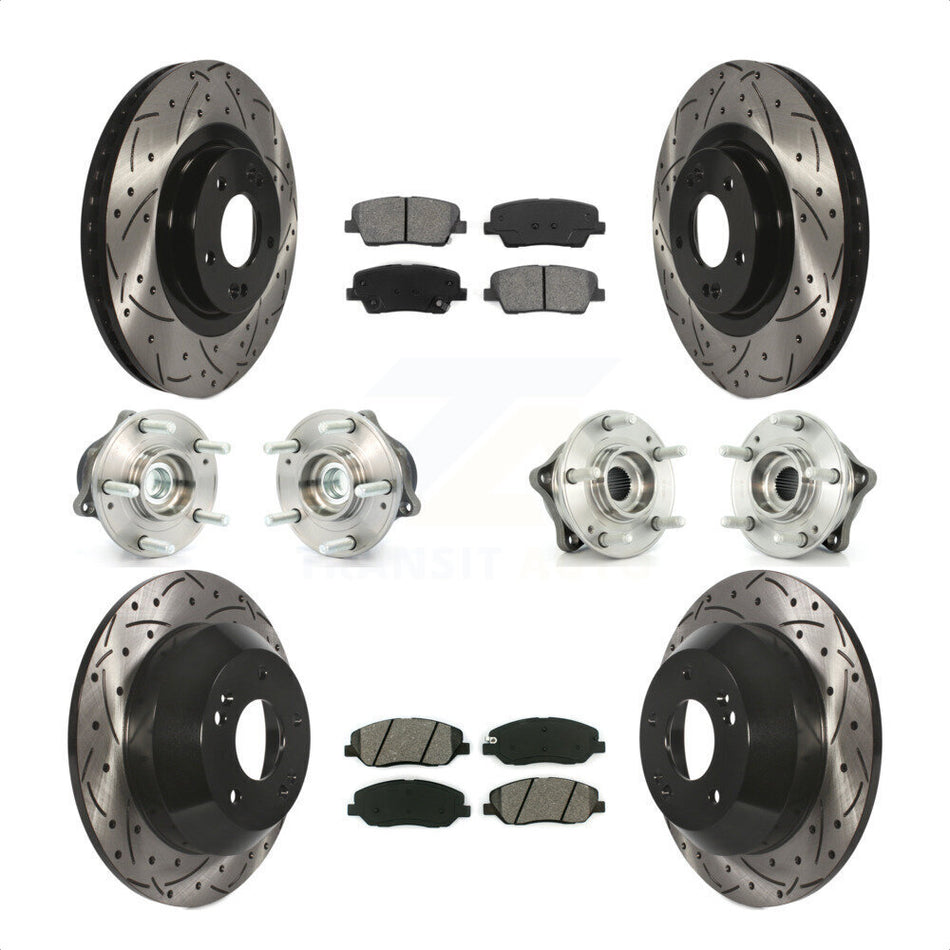 Front Rear Hub Bearings Assembly Coated Disc Brake Rotors And Semi-Metallic Pads Kit (10Pc) For 2013-2014 Hyundai Santa Fe FWD with 3.3L With ABS Brakes KBB-110986 by Transit Auto