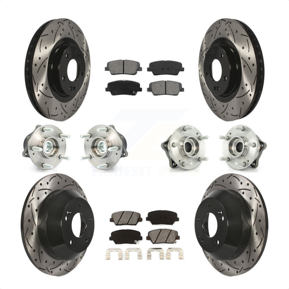 Front Rear Hub Bearings Assembly Coated Disc Brake Rotors And Semi-Metallic Pads Kit (10Pc) For 2013-2014 Hyundai Santa Fe Sport FWD with 2.4L 2.0L KBB-110987 by Transit Auto