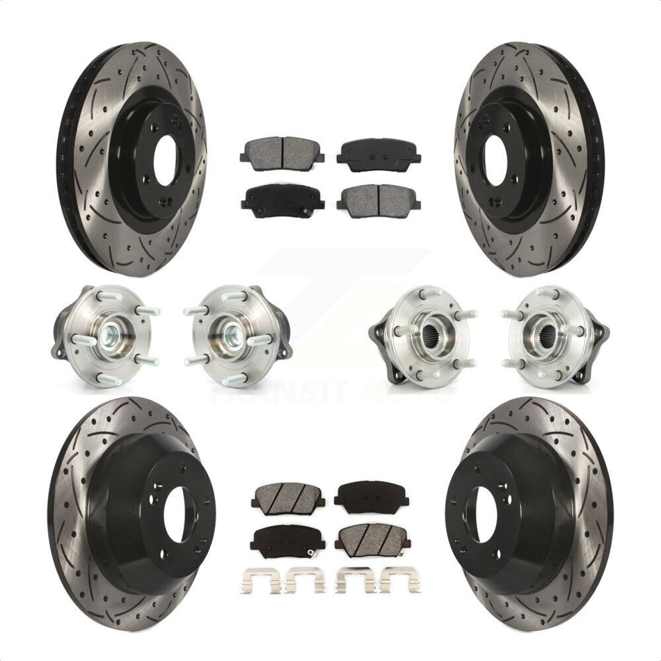 Front Rear Hub Bearings Assembly Coated Disc Brake Rotors And Semi-Metallic Pads Kit (10Pc) For 2013-2014 Hyundai Santa Fe Sport FWD with 2.4L 2.0L KBB-110987 by Transit Auto