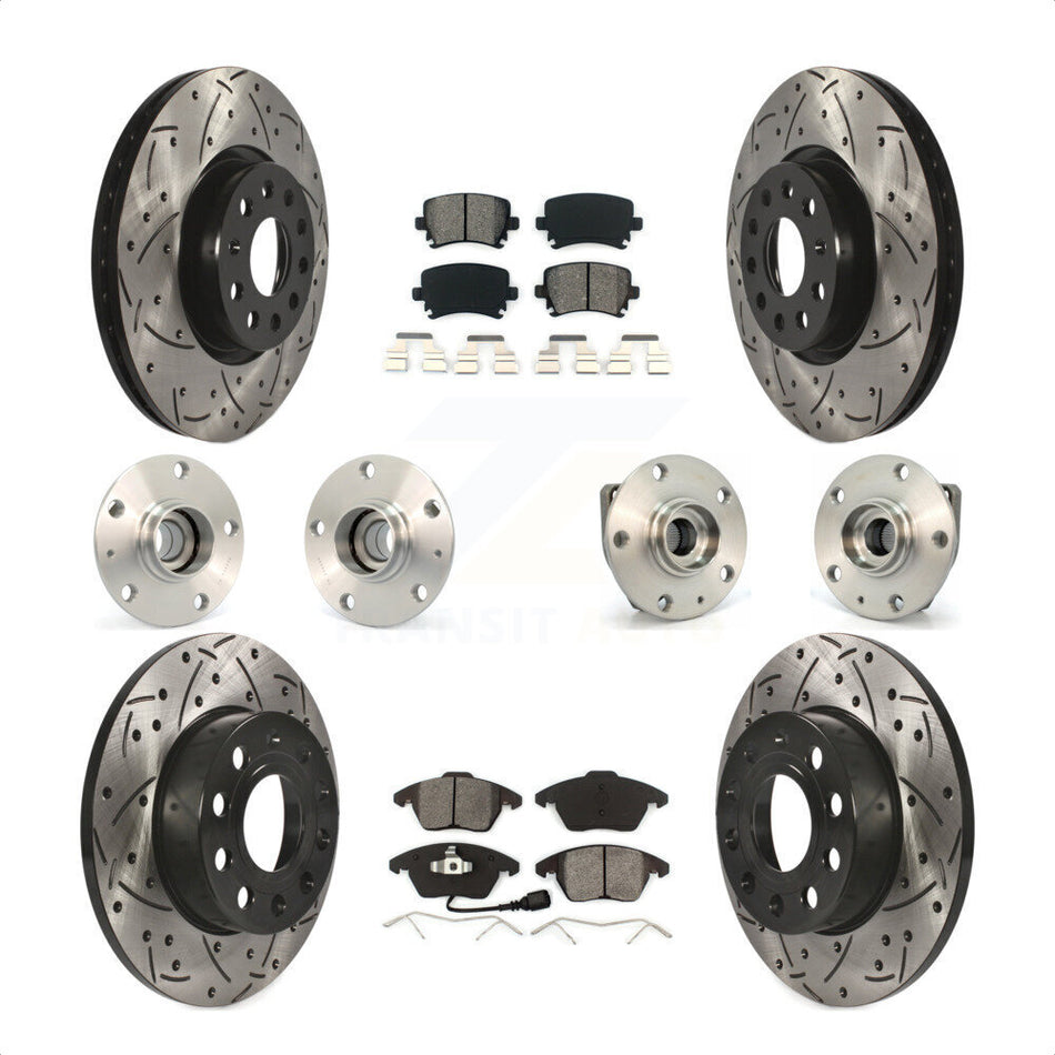 Front Rear Hub Bearings Assembly Coated Disc Brake Rotors And Semi-Metallic Pads Kit (10Pc) For 2008 Audi A3 FWD From Chassis VIN #8P8057779 KBB-111002 by Transit Auto