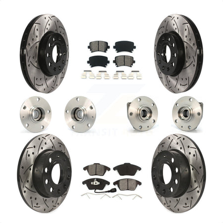 Front Rear Hub Bearings Assembly Coated Disc Brake Rotors And Semi-Metallic Pads Kit (10Pc) For 2006-2009 Volkswagen Rabbit 3 Bolt Mounting Flange KBB-111005 by Transit Auto