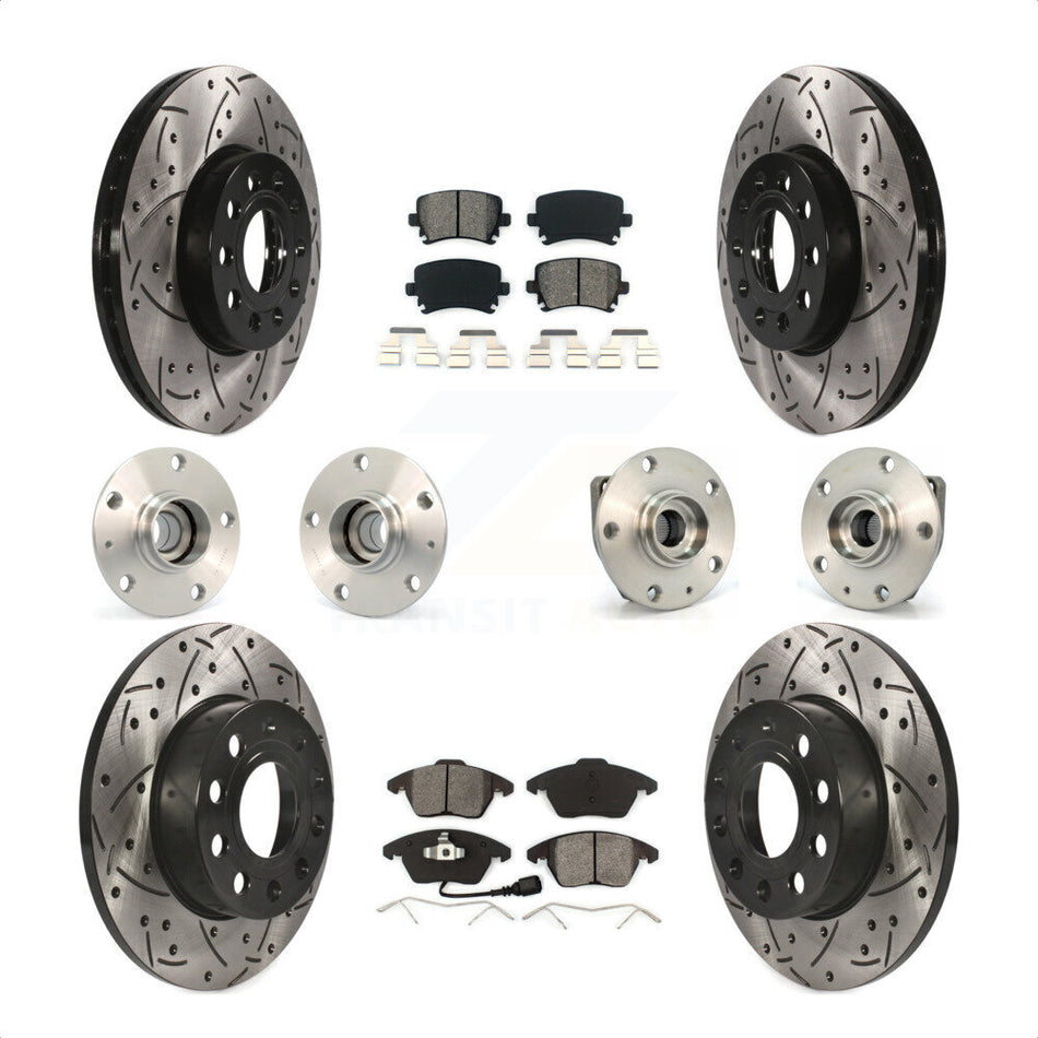 Front Rear Hub Bearings Assembly Coated Disc Brake Rotors And Semi-Metallic Pads Kit (10Pc) For 2006-2009 Volkswagen Rabbit 3 Bolt Mounting Flange KBB-111005 by Transit Auto