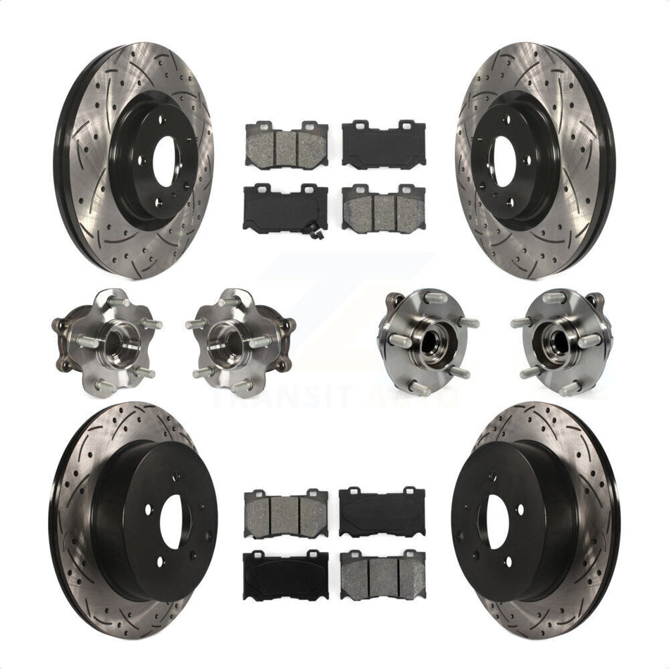 Front Rear Hub Bearings Assembly Coated Disc Brake Rotors And Semi-Metallic Pads Kit (10Pc) For 2017 INFINITI Q70 Hybrid with RWD With Sport Package KBB-111031 by Transit Auto