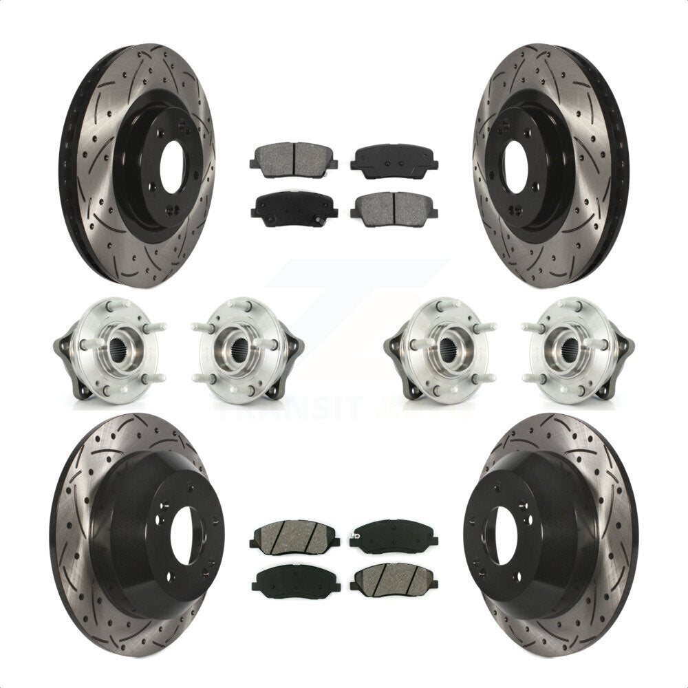 Front Rear Hub Bearings Assembly Coated Disc Brake Rotors And Semi-Metallic Pads Kit (10Pc) For 2013-2014 Hyundai Santa Fe AWD with 3.3L With ABS Brakes KBB-111112 by Transit Auto