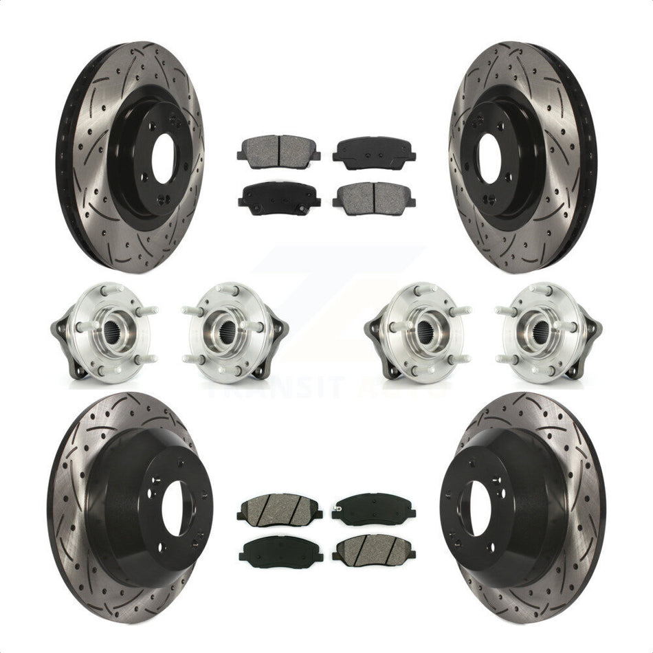 Front Rear Hub Bearings Assembly Coated Disc Brake Rotors And Semi-Metallic Pads Kit (10Pc) For 2013-2014 Hyundai Santa Fe AWD with 3.3L With ABS Brakes KBB-111112 by Transit Auto