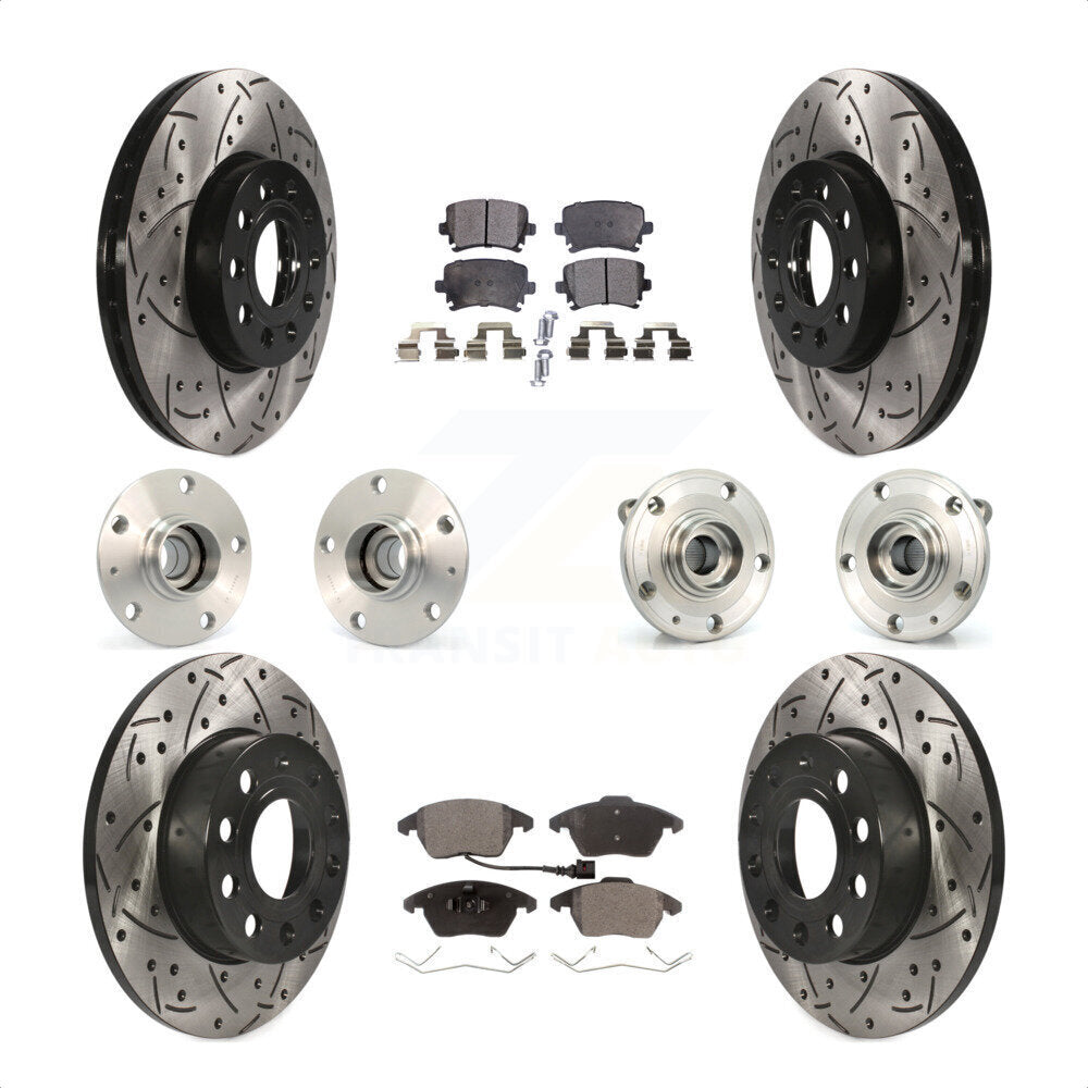 Front Rear Hub Bearings Assembly Coated Disc Brake Rotors And Ceramic Pads Kit (10Pc) For 2006-2009 Volkswagen Rabbit 4 Bolt Mounting Flange KBB-111217 by Transit Auto