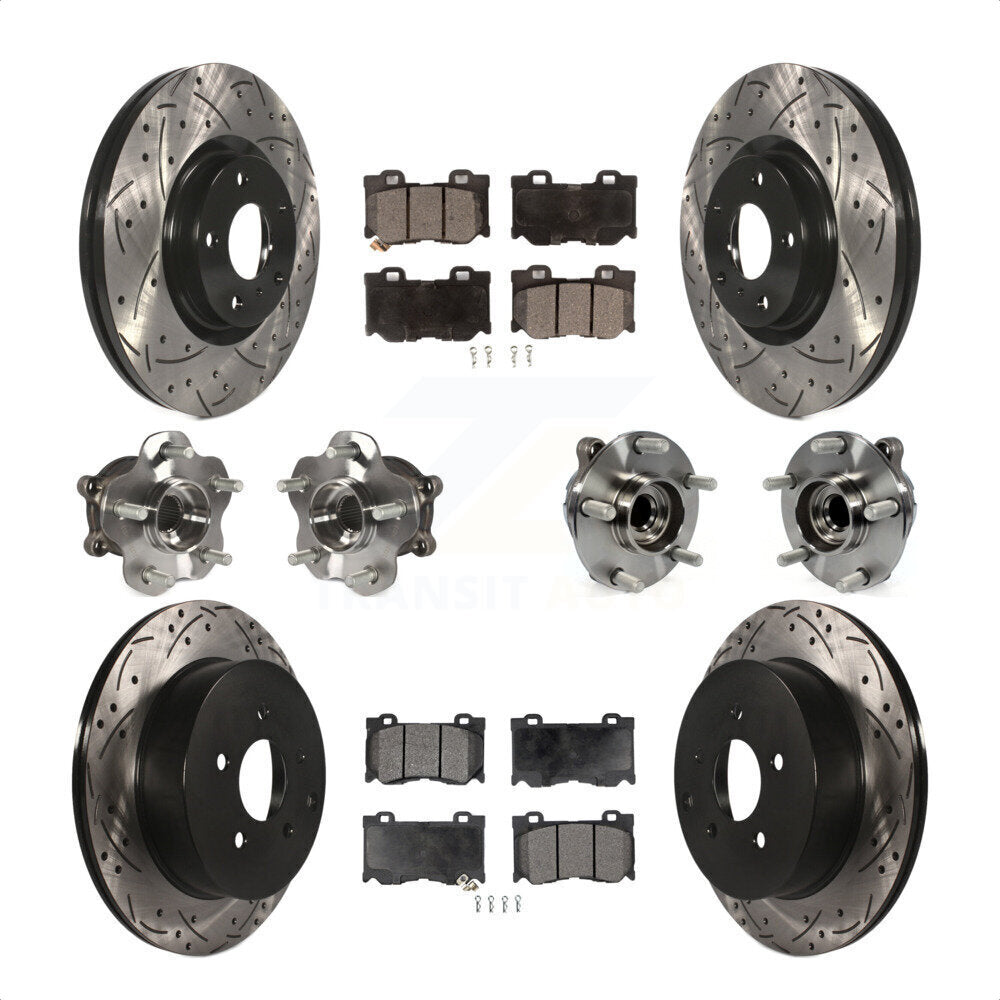 Front Rear Hub Bearings Assembly Coated Disc Brake Rotors And Ceramic Pads Kit (10Pc) For 2017 INFINITI Q70 Hybrid with RWD With Sport Package KBB-111250 by Transit Auto