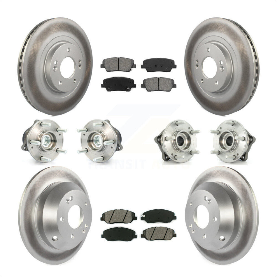 Front Rear Hub Bearings Assembly Coated Disc Brake Rotors And Semi-Metallic Pads Kit (10Pc) For 2013-2014 Hyundai Santa Fe FWD with 3.3L With ABS Brakes KBB-112072 by Transit Auto