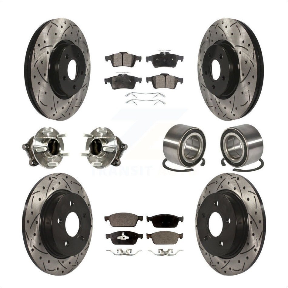 Front Rear Wheel Hub Bearings Assembly Coated Disc Brake Rotors And Semi-Metallic Pads Kit (10Pc) For 2013 Ford Focus ST with GAS engine With Parking Assist KBB-113173 by Transit Auto