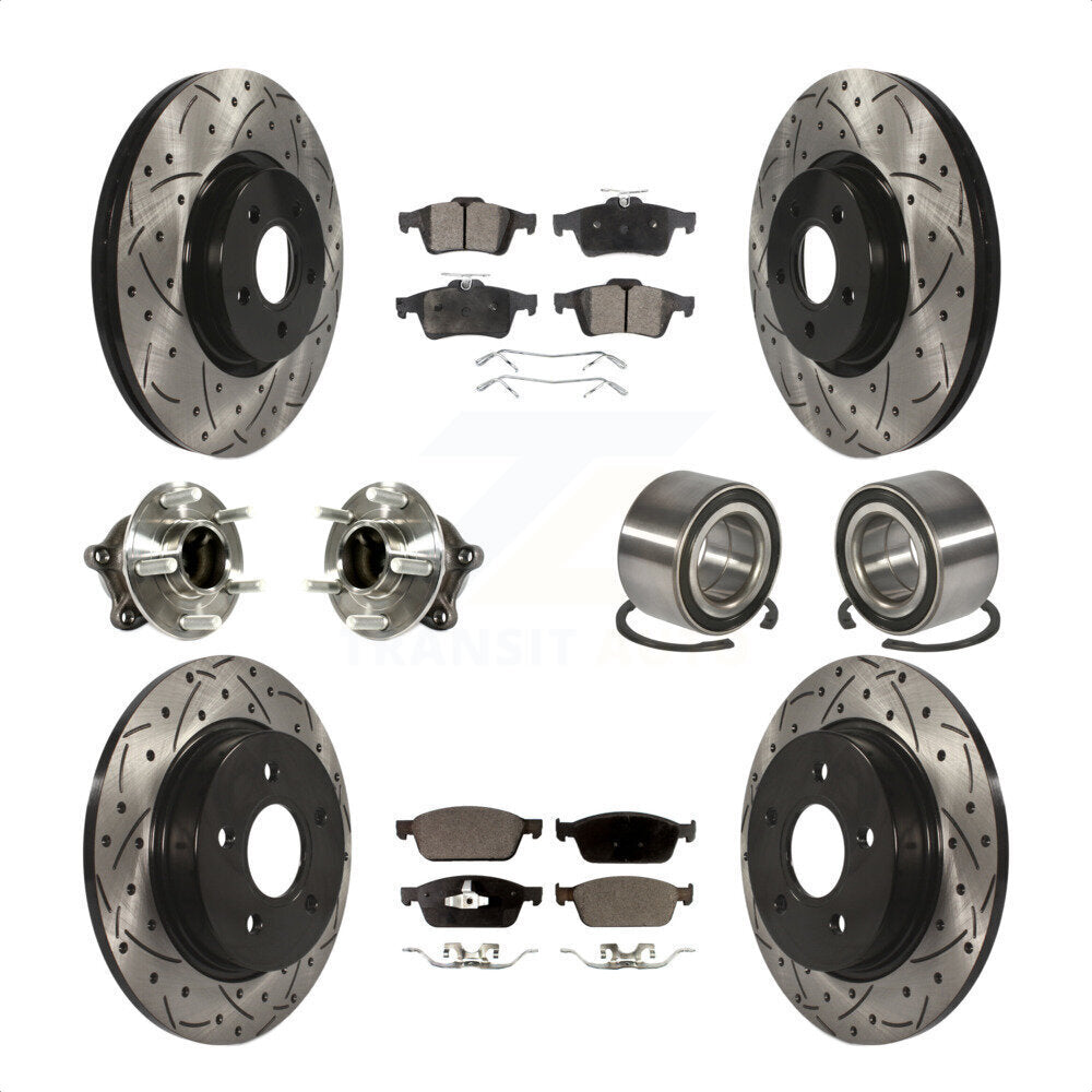 Front Rear Wheel Hub Bearings Assembly Coated Disc Brake Rotors And Ceramic Pads Kit (10Pc) For 2013 Ford Focus ST with GAS engine With Parking Assist KBB-113194 by Transit Auto