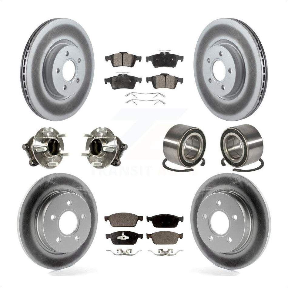 Front Rear Wheel Hub Bearings Assembly Coated Disc Brake Rotors And Semi-Metallic Pads Kit (10Pc) For 2013 Ford Focus ST with GAS engine With Parking Assist KBB-113209 by Transit Auto