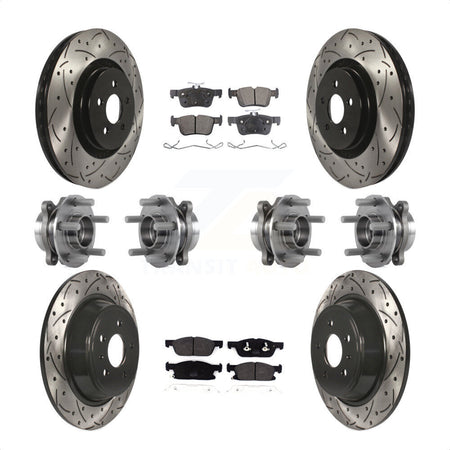 Front Rear Hub Bearings Assembly Coated Disc Brake Rotors And Semi-Metallic Pads Kit (10Pc) For 2017 Lincoln Continental AWD With 14mm Wheel Lugs KBB-113544 by Transit Auto