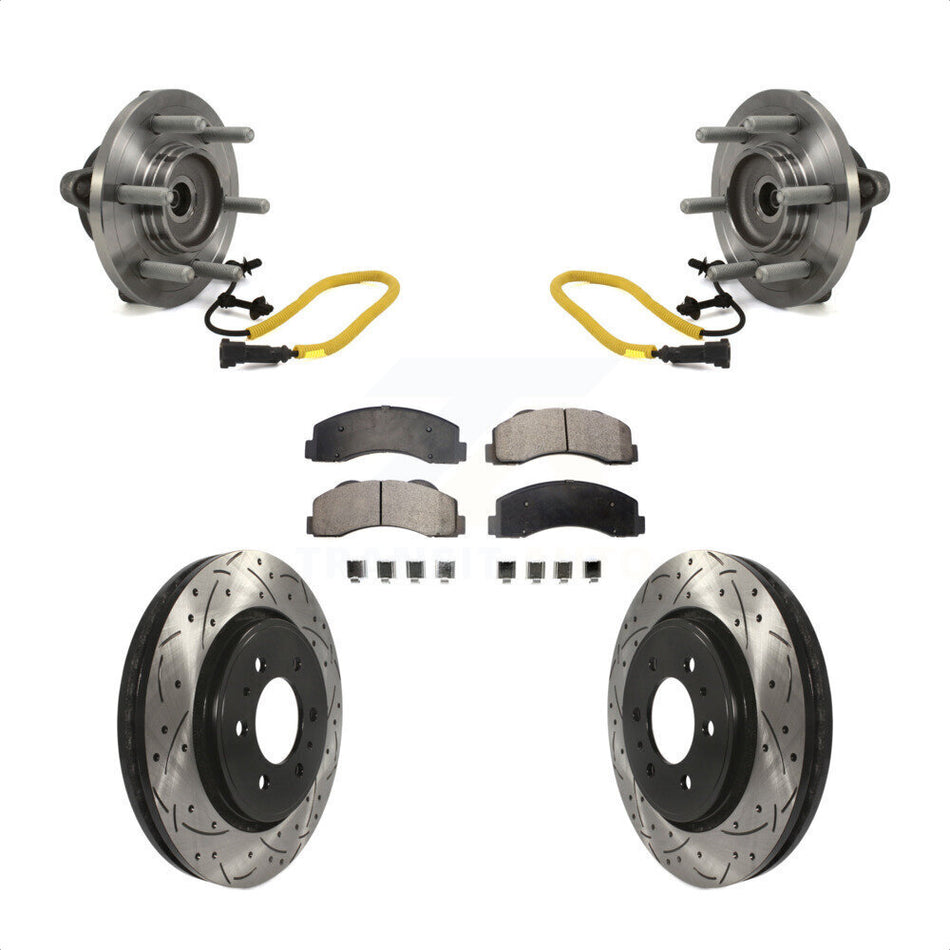 Front Hub Bearing Assembly Coated Drilled Slotted Disc Brake Rotors And Semi-Metallic Pads Kit For 2018-2020 Ford F-150 Limited Platinum SSV XL XLT King Ranch Lariat with 4WD KBB-113567 by Transit Auto