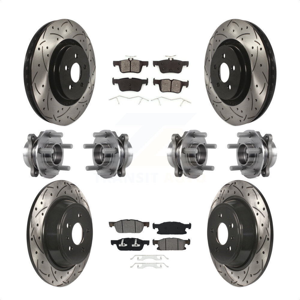 Front Rear Hub Bearings Assembly Coated Disc Brake Rotors And Semi-Metallic Pads Kit (10Pc) For 2017 Lincoln MKX AWD With 14mm Wheel Lugs KBB-113604 by Transit Auto