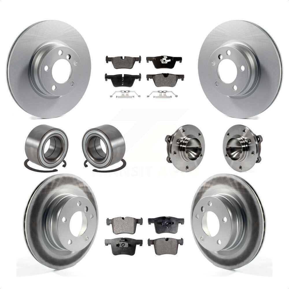 Front Rear Hub Bearings Coated Disc Brake Rotors And Semi-Metallic Pads Shoes Kit (10Pc) For 2012 BMW 328i Sedan with 2.0L Without Blue Painted Calipers With M Sport Package KBB-113794 by Transit Auto