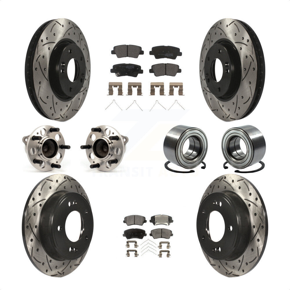 Front Rear Wheel Hub Bearings Assembly Coated Disc Brake Rotors And Semi-Metallic Pads Kit (10Pc) For 2016 Hyundai Veloster Tech SE KBB-114224 by Transit Auto