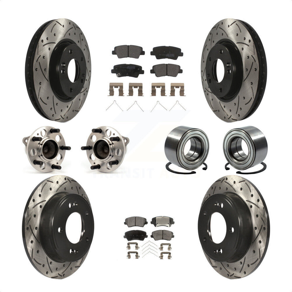 Front Rear Wheel Hub Bearings Assembly Coated Disc Brake Rotors And Semi-Metallic Pads Kit (10Pc) For 2016 Hyundai Veloster Tech SE KBB-114224 by Transit Auto