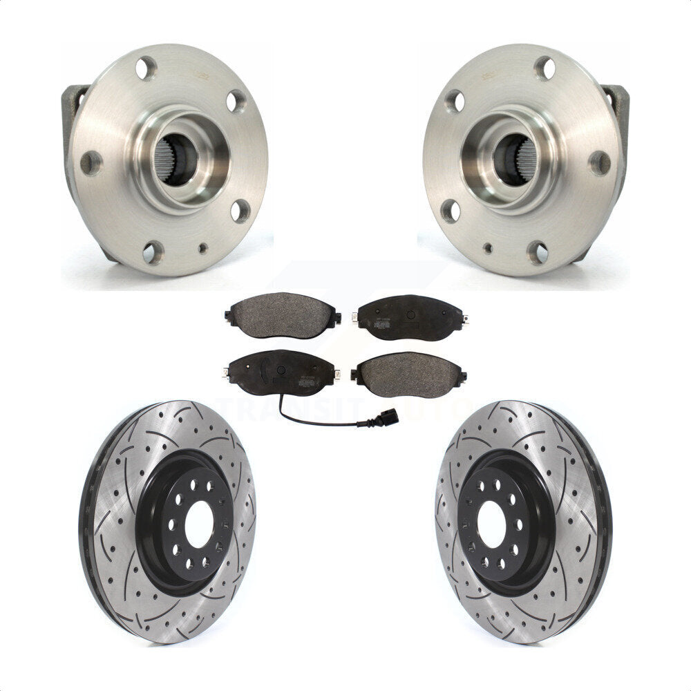 Front Hub Bearing Assembly With Coated Drilled Slotted Disc Brake Rotors And Semi-Metallic Pads Kit For Volkswagen Golf R Audi S3 KBB-114515 by Transit Auto